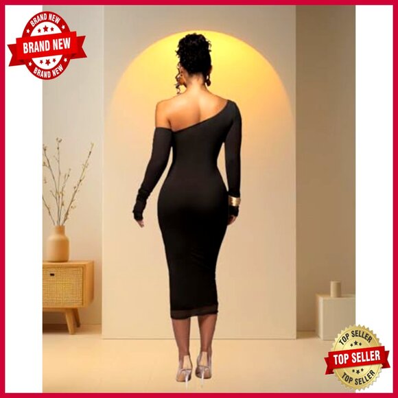 Long Sleeve Mesh Bodycon Off Shoulder Ruched Maxi Dress Cocktail Club - Picture 3 of 7